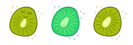 Set of kiwi slice isolated on white. Vector illustration in doodle style. Cute flat style. Green kiwi with kawaii eyes.Funny hand draw fruit piece.のイラスト素材
