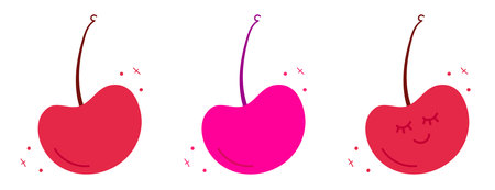 Set of watermelon slice isolated on white. Vector illustration in doodle style. Cute flat style. Red watermelon with kawaii eyes.Funny hand draw fruit piece. Pink and green colors.のイラスト素材