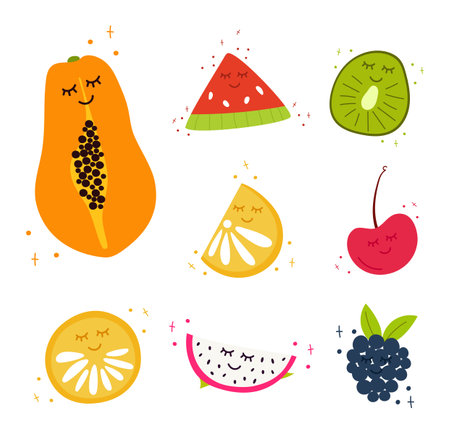 Set of summer hand draw fruits isolated on white. Vector illustration with kawaii eyes. Papaya,pawpaw, cherry,watermelon, kiwi,orange, lime,blackberry,bramble,dewberry,dragon fruit, pitahaya,pitaya.のイラスト素材