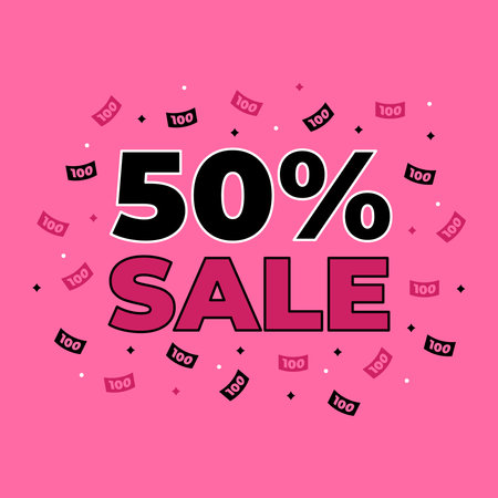 Sale discount 50 percent banner with banknote 100 on pink background with dots.Perfect for social media posts, flyers, or posters. Vector illustration for a half-price sale discount.のイラスト素材