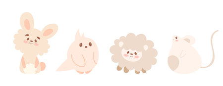 Set of cute kawaii animals in hand draw flat style. Rabbit, hare, parrot, bird, sheep, mouse. Vector illustration.Cartoon baby animal character design. Pastel colors.のイラスト素材