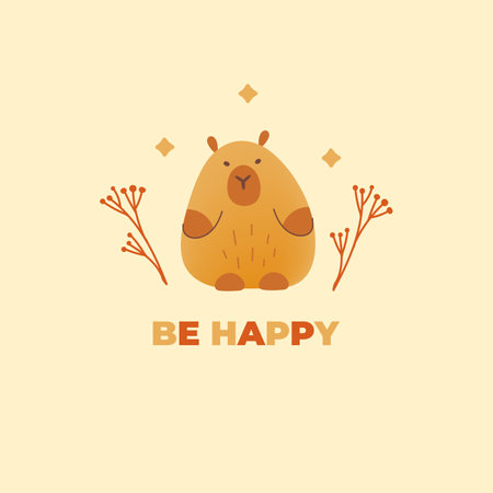 Postcard with hand draw capybara and inscription be happy. Vector illustration in flat style. Cartoon cute animal for print. Kids illustration on beige background.のイラスト素材