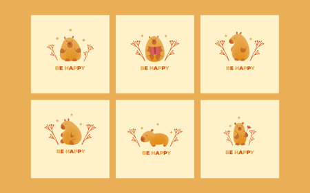 Set of postcard with hand draw capybara with leaves and inscription be happy. Vector illustration in flat, doodle style. Cartoon cute animal for print.Kids illustration on beige background.のイラスト素材