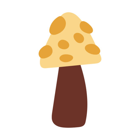 Hand draw brown autumn yellow fly agaric mushroom with yellow dots isolated on a white background.Single vector illustration in doodle flat style. Clipart cozy illustrations for print, packaging.のイラスト素材