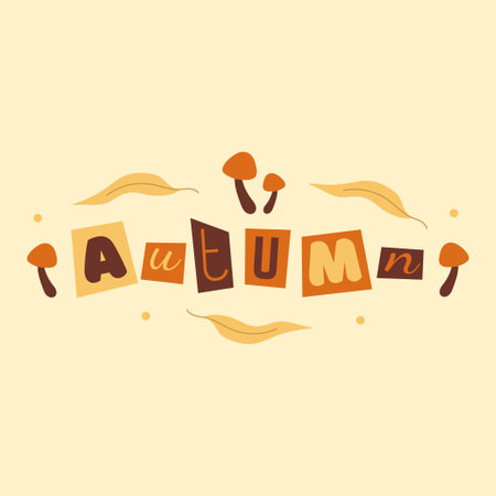 Square postcard with mushrooms, leaves and inscription autumn. Collage lettering with cut out letters.Hand drawn vector illustration in flat, doodle style. Brown color mushroom.のイラスト素材