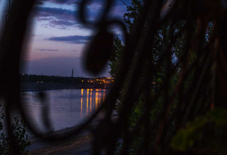 Sunset bright sky mountain, river South moodの写真素材