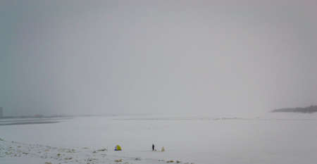 fishing on a large river in winter the river Ob Nizhnevartovskの写真素材