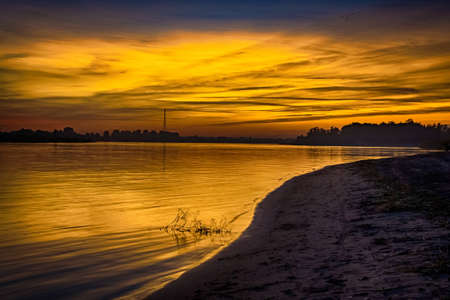 sunset on the Volga river Volgograd yellow skyの写真素材