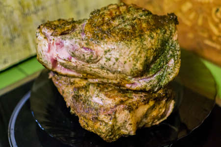 fried steak in a frying pan big piece of meat closeupの写真素材