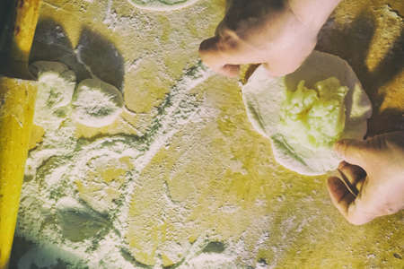 home cooking pies stuffed with cabbage hands of a womanの写真素材