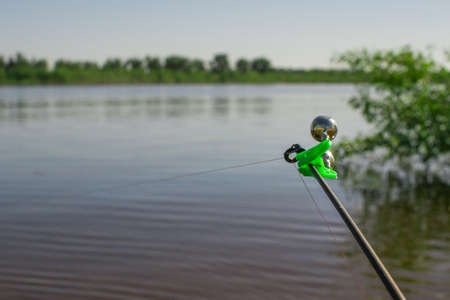 summer fishing rod close-up bell fishing lineの写真素材