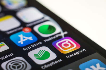 Tyumen, Russia - February 01, 2019: the social network logos on the phone instagram, Skype,...