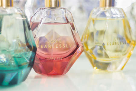 Tyumen, Russia - February 01, 2019: Mary Kay perfume on a white background, a private company selling cosmetic products.のeditorial素材