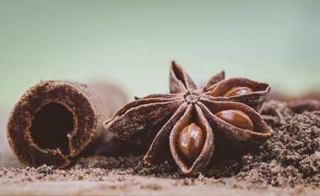 spices for mulled wine star anise and cinnamon close up macroの写真素材