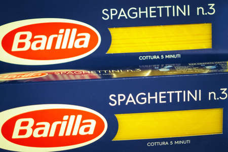 Volzhsky, Russia - apr 26, 2019: Products of hypermarket sale pasta Barilla in the metro store cash and carryのeditorial素材