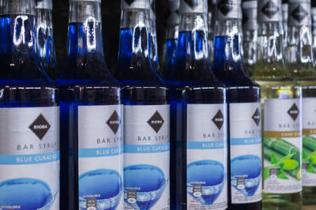 Tyumen, Russia - avg 25, 2019: Products of hypermarket sale syrup Rioba beverages in the metro store cash and carryのeditorial素材