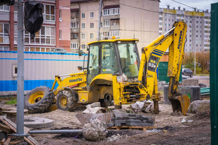 Tyumen, Russia - October 14, 2019: broken bulldozer yellow construction siteのeditorial素材