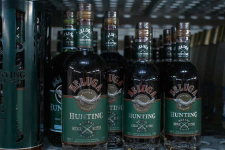 Tyumen, Russia - November 20, 2019: beluga Vodka bottle. Strong alcoholic beverages on the shelves of the hypermarket.のeditorial素材