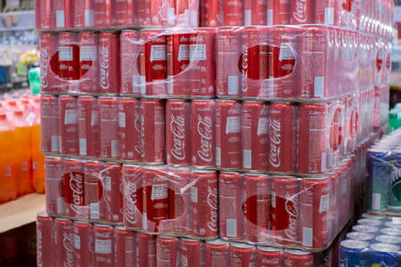 Tyumen, Russia - November 20, 2019: Coca Cola, sprite, Fanta, in cans Retail sale of carbonated...