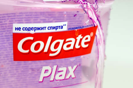 Tyumen, Russia - November 25, 2019: Colgate Plax fruity freshness. Colgate Plax Mouthwash provides alcohol-free. Logo close upのeditorial素材