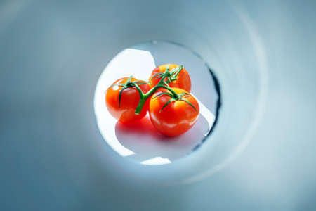 three ripe red tomatoes on a white background, selective focusの写真素材