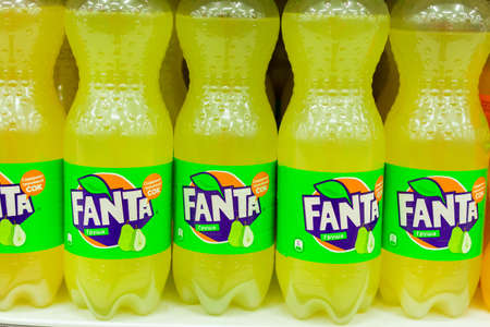 Tyumen, Russia-may 04, 2020: Fanta with a pear soda soft drink battles for sell on the supermarket. sparkling waterのeditorial素材