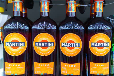 Tyumen, Russia-may 04, 2020: Vermouth Martini Fiero in a glass bottle of 1 liter was put up for sale in hypermarketのeditorial素材