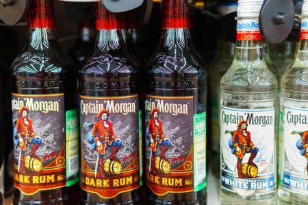 Tyumen, Russia-may 04, 2020: Battles of rum Captain Morgan are standing on a supermarketshelf. Sale of alcoholic beveragesのeditorial素材