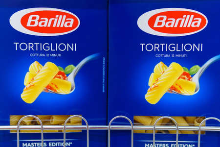 Tyumen, Russia-may 17, 2020: Barilla vermicelli Italian pasta sale in supermarket. Italian food...