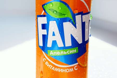 Tyumen, Russia-may 20, 2020: Fanta soft drink orange flavor logo close up macro