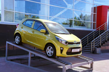 Tyumen, Russia-June 09, 2020: Kia Picanto car sale of a new car near the KIA dealership