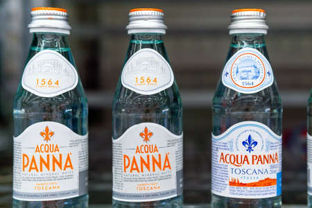 Tyumen, Russia-June 05, 2020: Bottles of Acqua Panna, an Italian brand of bottled waterのeditorial素材