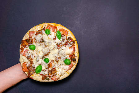 pizza with mushrooms, Basil and cheese on a dark background. copy space. The view from the top. flat lay.の写真素材