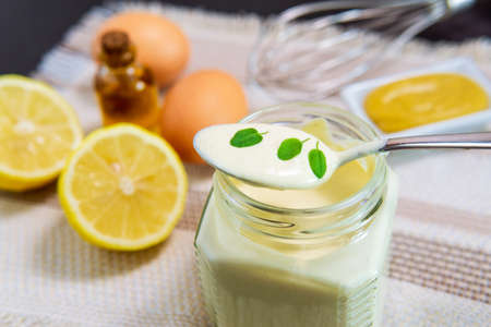 ingredients for making homemade mayonnaise sauceの写真素材
