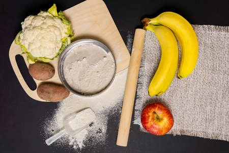 banana flour, Apple, cauliflower Gluten free low carb plant floor. gluten intolerance concept.の写真素材