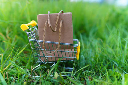 Bag package on a green background. Eco-friendly Nature style. Concept of recycling in the field of environmental protection.の写真素材
