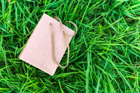 kraft paper bag. Template for branding identity on a natural green background. space for copying textの写真素材