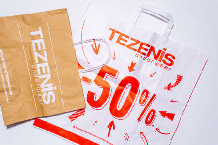 Tyumen, Russia-August 01, 2020: shopping bags, top view. Tezenis logo. Tezenis is an Italian fashion...