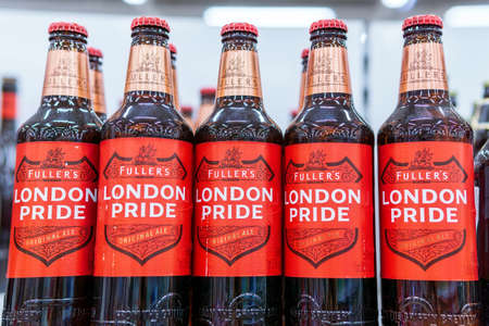 Tyumen, Russia-August 01, 2020: london pride fullers beer on the shelves of a hypermarket. sale of...