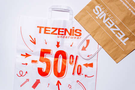 Tyumen, Russia-August 01, 2020: shopping bags, top view. Tezenis logo. Tezenis is an Italian fashion...