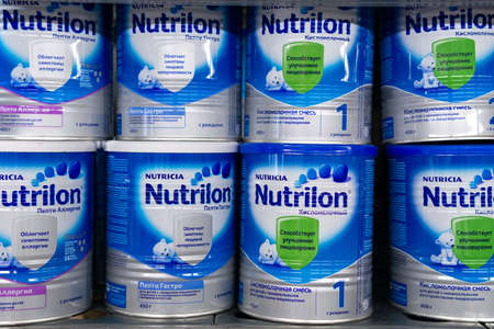 Tyumen, Russia-October 11, 2020: Nutricia Baby products displayed on the shelves of the hypermarket. selective focusのeditorial素材