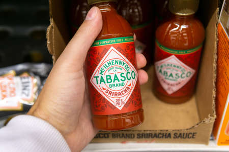 Tyumen, Russia-October 11, 2020: Tabasco hot sauce. Tabasco sauce was started in 1868 and is made from tabasco peppers.のeditorial素材