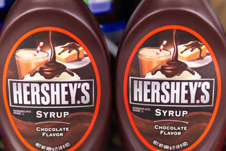 Tyumen, Russia-October 11, 2020: Hershey's Syrup on shelf for customer at Tesco hypermarket.