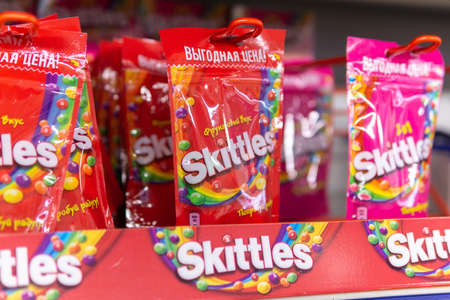 Tyumen, Russia-October 11, 2020: Skittles candy made by Wm. Wrigley Jr. Company