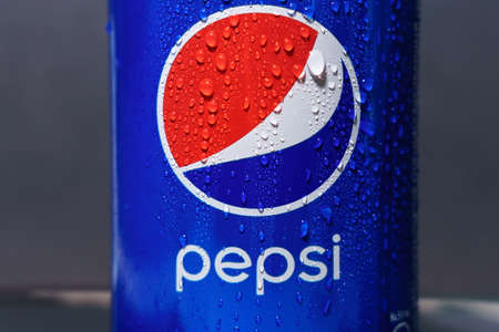 Tyumen, Russia-November 01, 2020: Pepsi logo with water drops isa carbonated soft drinks by PepsiCo....