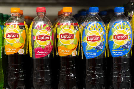 Tyumen, Russia-November 07, 2020: Lipton Ice Tea is a soft drink brand sold by Lipton on the shelves of the hypermarketのeditorial素材