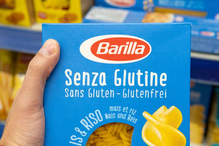 Tyumen, Russia-November 07, 2020: Supermarket with of pasta Barilla, the most famous pasta Italian brandのeditorial素材