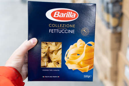 Tyumen, Russia-November 07, 2020: Barilla fettuccine buying pasta in a hypermarketのeditorial素材