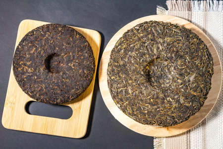 Chinese puer tea pressed. tea shop or tea ceremony concept. Health drink concept. the Chinese dry...