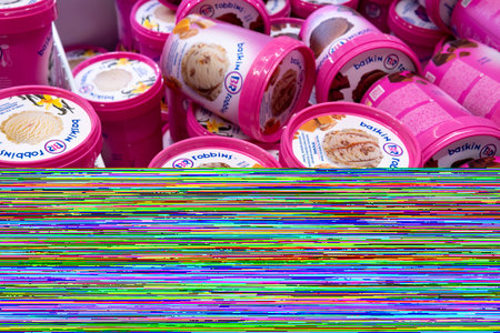Tyumen, Russia-November 07, 2020: baskin robbins ice cream for sell in the refrigerator. sale of...